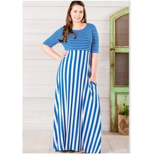 Matilda Jane The Road Ahead Stripe Maxi Dress Blue White Pockets Sz M